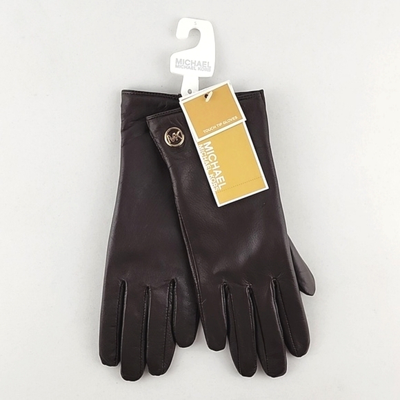 NWT Michael Kors Women Dark Brown Leather Gloves Touch Screen Fleece Lined Sz S - Picture 10 of 10